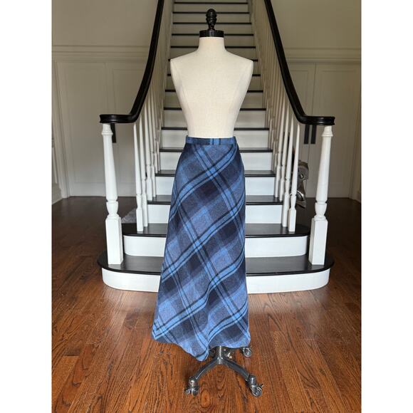 Vintage 70s Plaid Tartan A-Line Maxi Skirt Winter Blue Black Grunge Indie Preppy - Picture 2 of 9